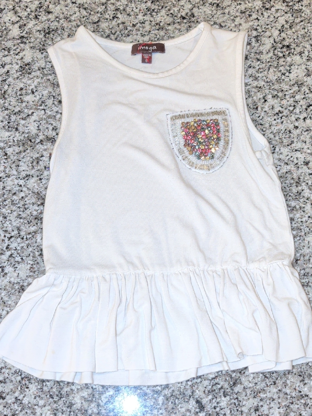 Imoga White Tank with Multicolor Sequin Pocket and Ruffle Hem